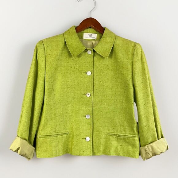 Vintage V.P. Collections Blazer Jacket Women's S Brat Green Silk Jackie O Retro - Picture 1 of 7